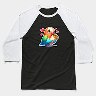 cute love birds are eating Mexican specialties, Tacos, Burritos, Enchiladas, Quesadillas, Guacamole, Fajitas, Chiles Rellenos, Tamales, Mole, Chilaquiles, Baseball T-Shirt